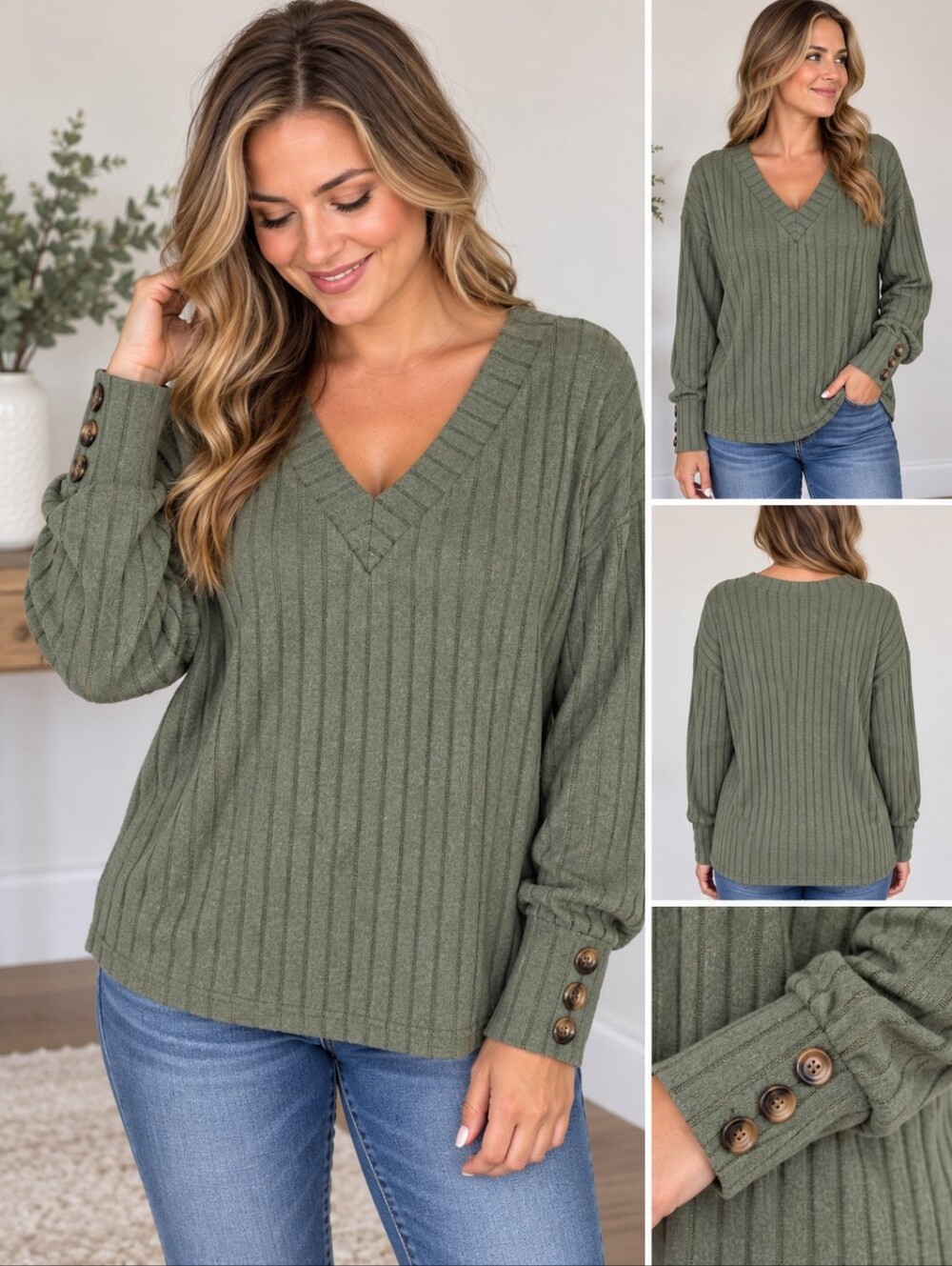 Dokotoo Women’s XL Olive Green Ribbed V-Neck, Button Cuffs